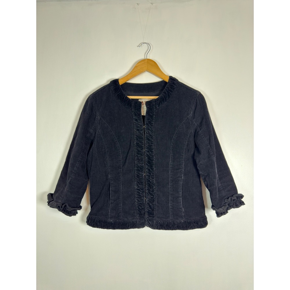 Victorian AMI Womens Medium Corduroy Jacket Black Ruffle Trim 3/4 Sleeve 45985